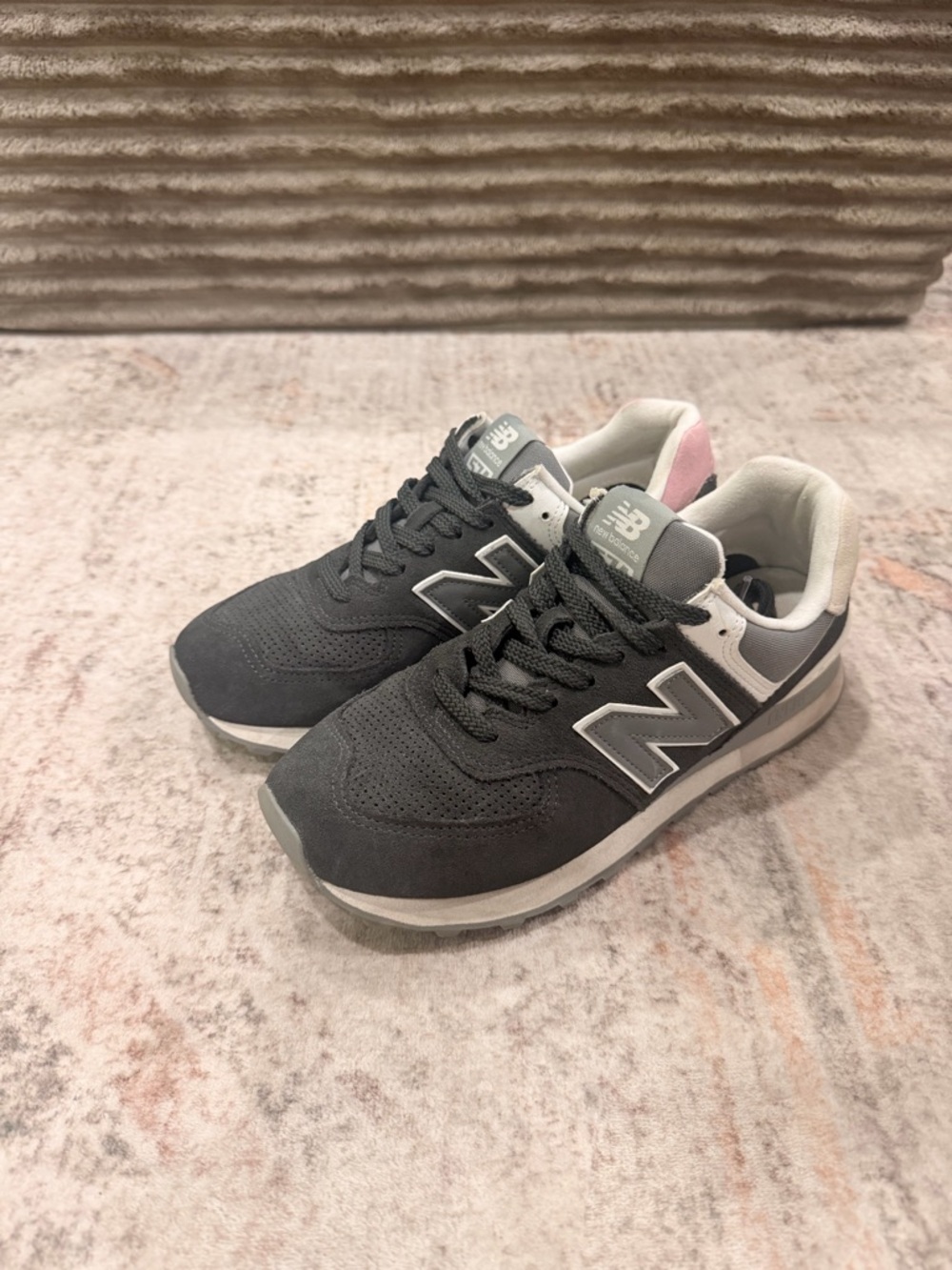 New Balance Charcoal Gray Suede Sneakers with Pink Heel Tab